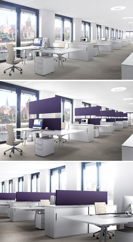 Open concept work stations with desks, case goods and modern purple privacy partitions